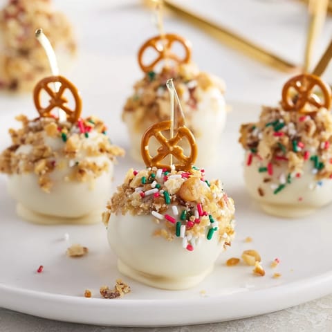 Shiny white chocolate-covered holiday ornament candy balls, perfect for festive dessert tables and sharing.