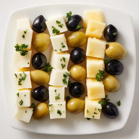 The cheese and olive chessboard appetizer, beautifully arranged with contrasting colors, ready to serve.