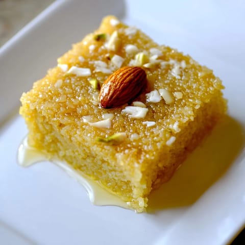 Warm, sweet aroma! Squares of Basbousa, a traditional Egyptian semolina cake, are topped with almonds.