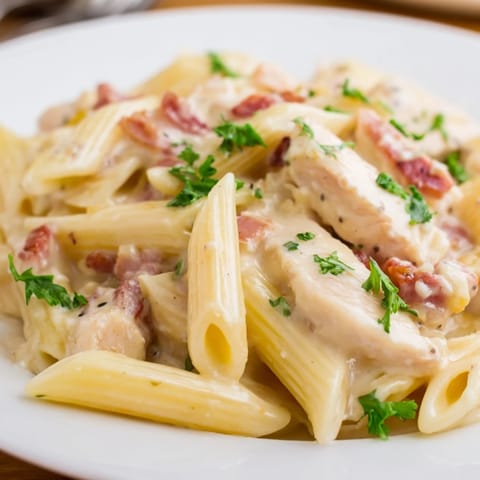 Golden penne pasta tossed with tender chicken, crispy bacon, and a luscious garlic-Parmesan cream sauce, ready to serve steaming hot.