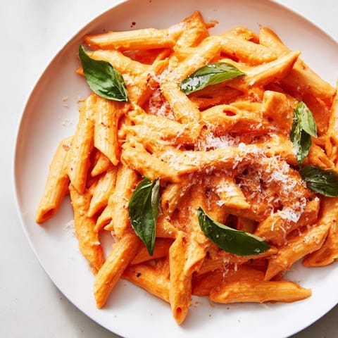 A skillet of roasted red pepper pasta simmering, with garlic and heavy cream sauce.  