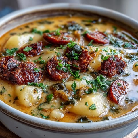 Hearty Potato, Leek and Chorizo Soup served with crusty bread and a swirl of cream, ready for dipping.