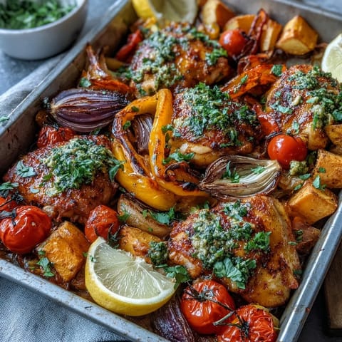 A vibrant, one-pan Mediterranean-inspired Chicken and Sweet Potato Traybake featuring juicy piri-piri chicken and colorful roasted vegetables.