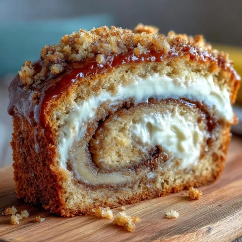 A slice of Cream Cheese Cinnamon Swirl Banana Bread is lifted on a spatula, revealing a thick, creamy layer of sweetened cream cheese filling.