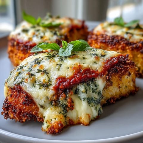 A plated serving of Pesto Chicken Parmesan alongside a bed of pasta and a fresh green side salad.