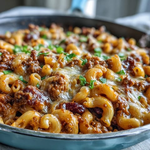 Savory One-Pan High Protein Chili Mac topped with green onions and sour cream next to crunchy tortilla chips for dipping.