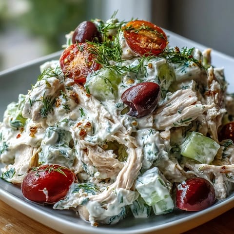 Tzatziki Chicken Salad served chilled over fresh spinach with feta and Kalamata olives for a Mediterranean-inspired lunch.