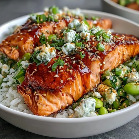 Crisp cucumber-edamame salsa adds bright color and crunch to this vibrant Bang Bang Salmon Bowl.