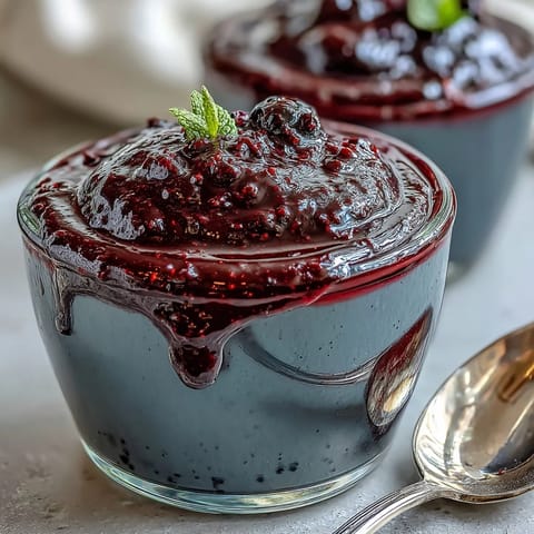 A spoon digs into creamy Black Currant Panna Cotta served in a glass with a vibrant purple drizzle.