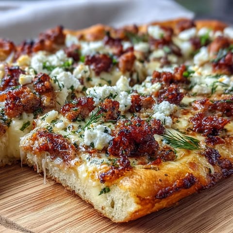A close-up of Hot Sausage Feta Honey Pizza, bubbling mozzarella with a sweet hot honey drizzle.