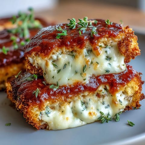 A vegetarian Crispy Tofu Chicken Parm Bakes with golden crust, bubbling mozzarella, and fresh basil garnish on a plate.