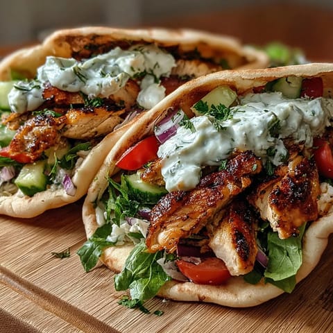 Sliced grilled chicken nestled in a fluffy pita with crisp lettuce, tomato salad, and yogurt sauce for a Light Greek Chicken Pita Pockets.