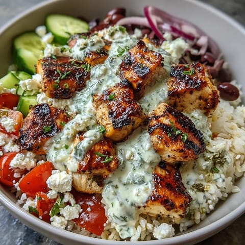 Vibrant Greek chicken souvlaki bowl with grilled marinated chicken, crisp veggies, fluffy rice, and creamy tzatziki sauce.  