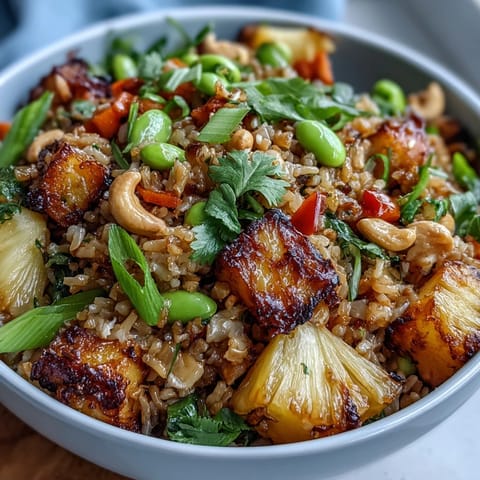 Colorful vegan pineapple fried rice with cauliflower and edamame, packed with fresh veggies and tropical sweetness in a vibrant, healthy bowl.