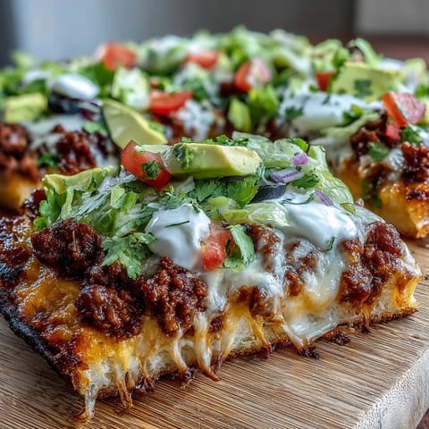 A low-carb taco pizza featuring a golden cheese crust topped with zesty beef, tomatoes, onions, olives, and cool sour cream.