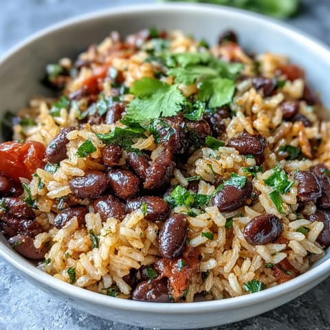A comforting one-pot vegan dish featuring fluffy brown rice simmered with black beans, cumin, and smoked paprika for rich flavor.  