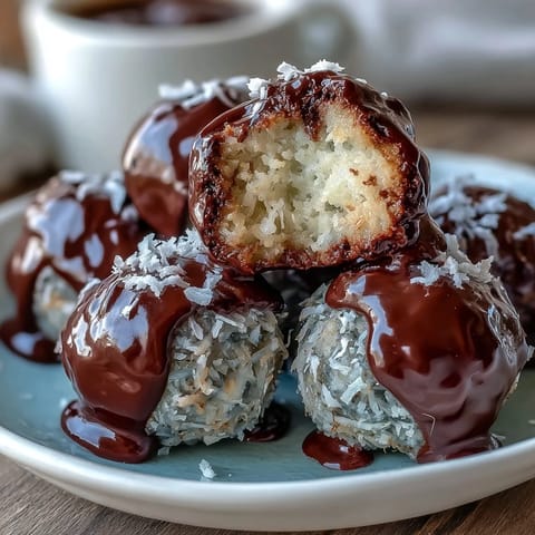 A close-up of no-bake chocolate coconut bites with rich dark chocolate coating, showcasing their chewy texture and coconut garnish.