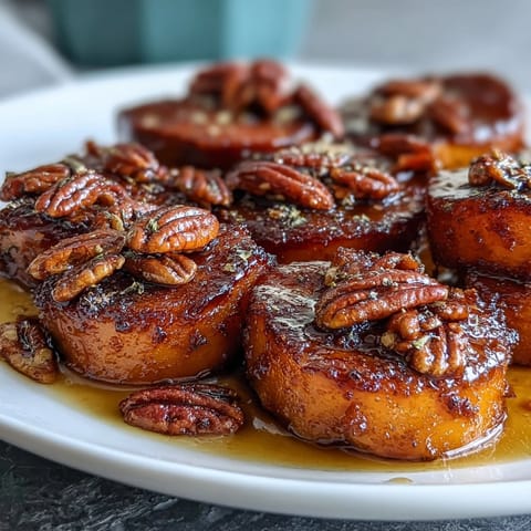 Golden yams baked until tender, topped with crunchy pecans and a warm cinnamon-maple glaze—a comforting side dish.