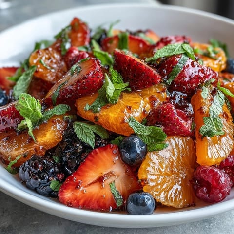 A vibrant citrus and berry fruit salad with fresh mint, perfect for spring brunches or light desserts.  