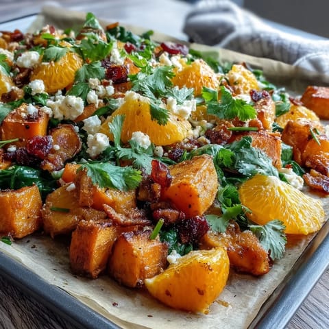 Colorful breakfast hash featuring sweet potatoes, orange segments, and bell peppers baked to perfection.  