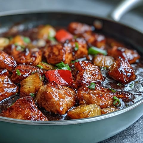 Vibrant one-pan sweet and sour chicken with pineapple, bell peppers, and onions, served hot from the skillet.  