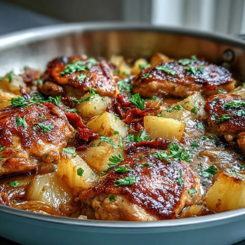 One-pan chicken pineapple coconut curry with tender chicken, juicy pineapple, and creamy coconut sauce in a vibrant, tropical skillet meal.