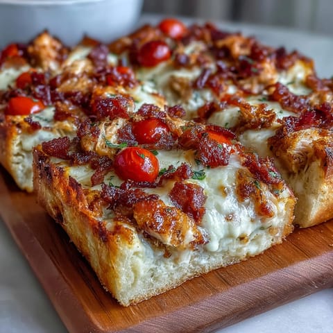 Kentucky Derby Hot Brown Flatbread Pizza with roasted turkey, bacon, tomatoes, and creamy Mornay sauce on a golden crust.