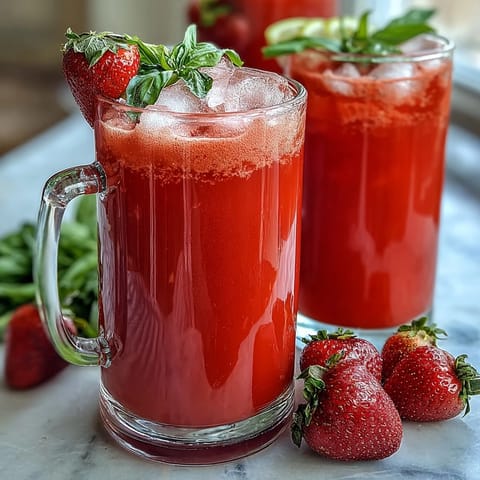 Strawberry basil lemonade with fresh strawberries, basil, and lemon slices in a clear pitcher over ice, garnished with herbs and fruit.