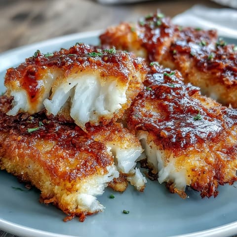 Crispy fried catfish fillets seasoned with Southern spices, served with zesty remoulade sauce on a rustic wooden platter.  
