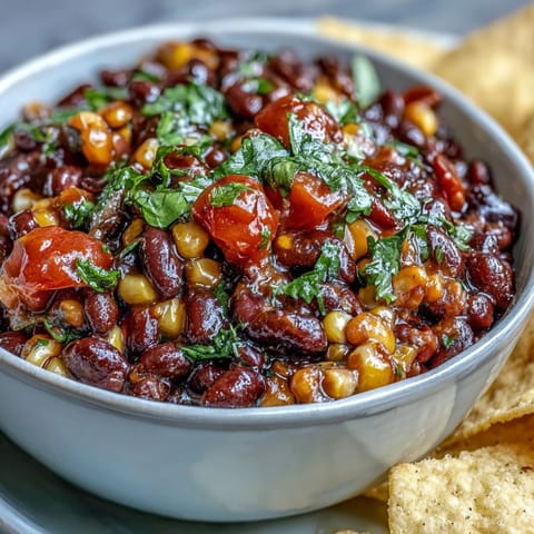 Colorful 3-ingredient Cowboy Caviar Dip with black beans, sweet corn, and fresh pico de gallo in a serving bowl.  