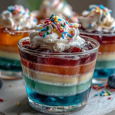 Vibrant rainbow Jello cups with red, orange, yellow, green, blue, and purple layers, topped with whipped cream and sprinkles.  
