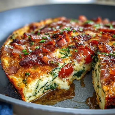 One-Pan Ham and Swiss Frittata with golden, melted cheese and tender vegetables.