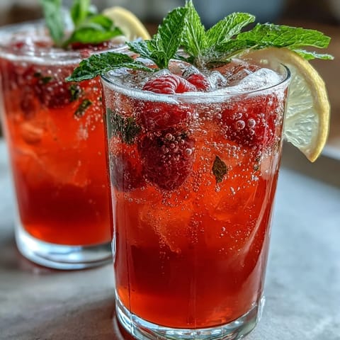 Raspberry Lemon Spritz Mocktail with fresh raspberries, zesty lemon, and sparkling water in a chilled glass with mint garnish.