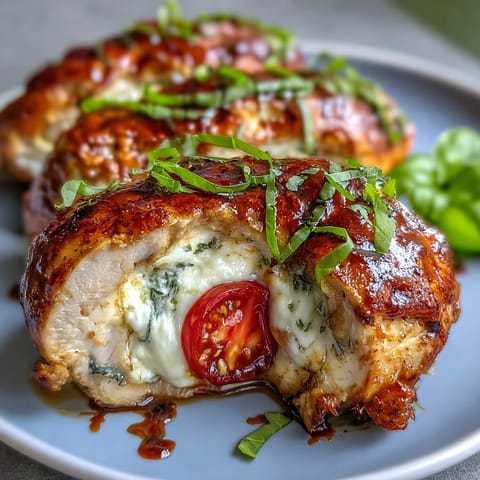 Caprese stuffed chicken breast with mozzarella, tomato, and basil, baked golden and drizzled with balsamic glaze.  