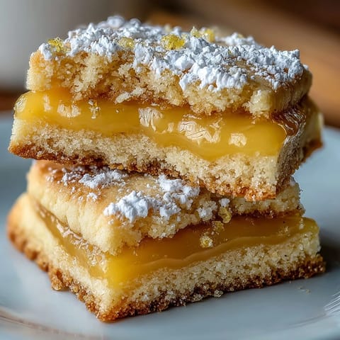 Bright lemon bar cookies with tangy curd filling and powdered sugar dusting, perfect for citrus dessert lovers.