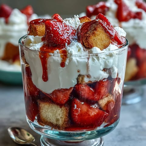 Layered strawberry shortcake trifle with fluffy whipped cream and juicy strawberries in a glass, perfect for spring gatherings.