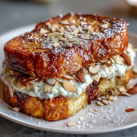 Golden brioche French toast with almond cream filling and toasted almond topping, a luxurious breakfast treat perfect for brunch gatherings.