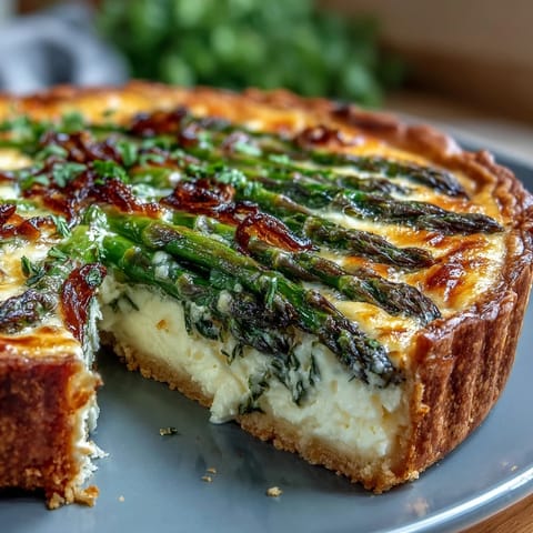 Spring Asparagus Quiche with Gruyère and caramelized shallots in a flaky crust.