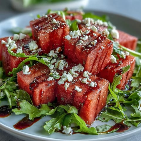 Vibrant Watermelon Feta Arugula Salad with balsamic drizzle, perfect for summer.