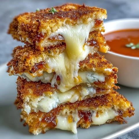 Golden mini grilled cheese dippers alongside a steaming bowl of tomato soup.