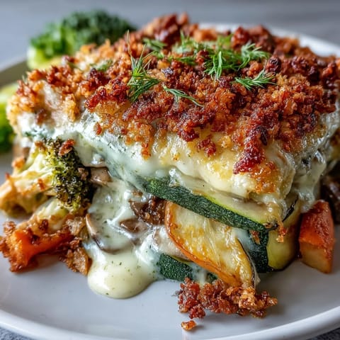 Hearty vegetable and mushroom casserole with a bubbling, golden cheesy breadcrumb topping.