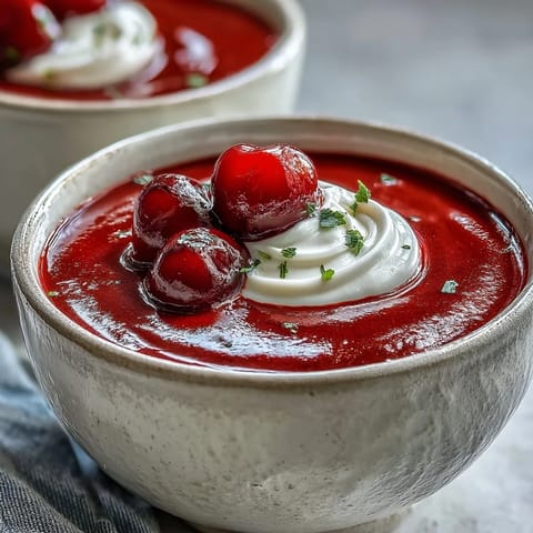 Vibrant bowl of cold Sour Cherry Soup with a dollop of cream.