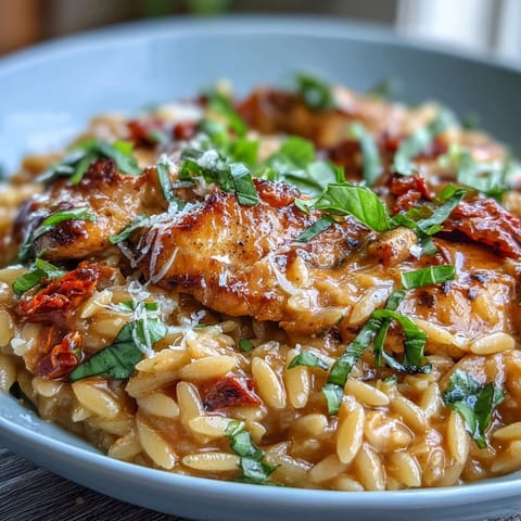 Close-up of creamy One-Pan Marry Me Chicken Orzo topped with fresh basil.