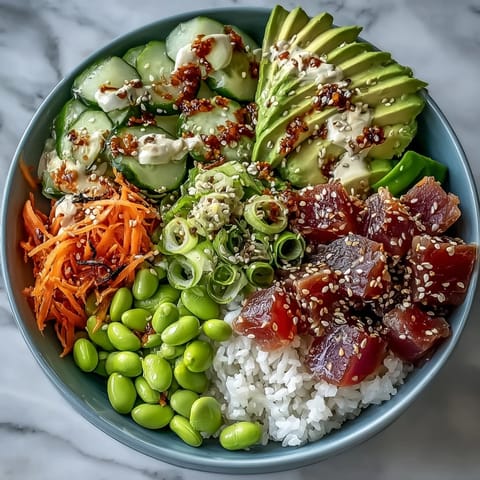 Canned tuna poke bowl bursting with colorful vegetables and creamy avocado.