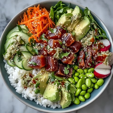 Fresh canned tuna poke bowl, a quick lunch with vibrant, crisp toppings.