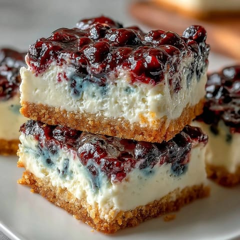 Creamy no-bake lemon blueberry cheesecake bars swirled with vibrant berry sauce.