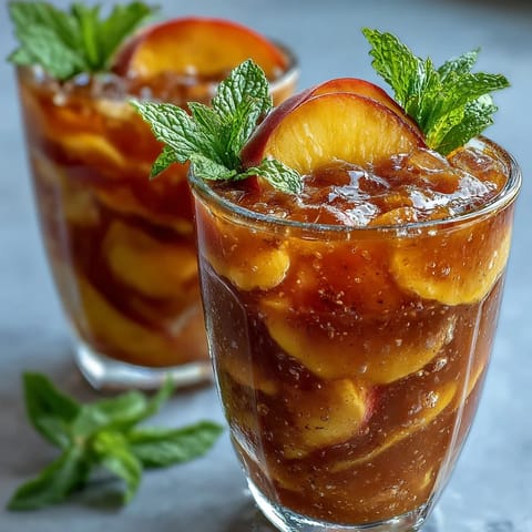 Frozen Peach Iced Tea Slush Cups bursting with summer fruit and mint.