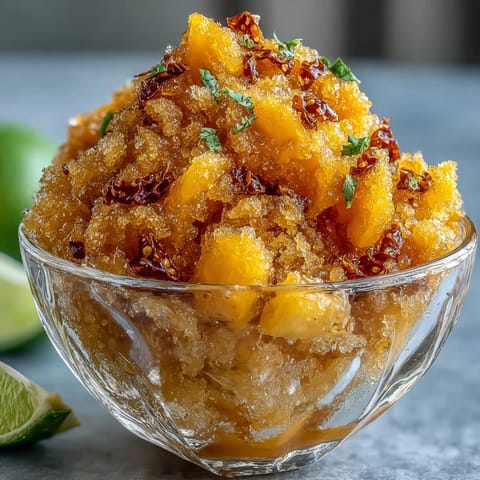 Vibrant Mango Chili Crisp Granita, a frosty dessert with sweet, spicy, and crunchy textures.