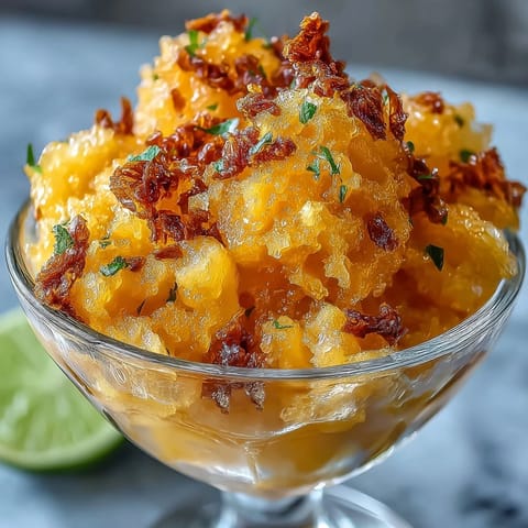 Cool, icy Mango Chili Crisp Granita, bursting with tropical fruit and savory heat.