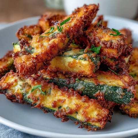 Golden brown Crispy Parmesan Zucchini Fries, perfectly baked with a savory herb coating.